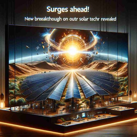 A high-definition, realistic image presenting groundbreaking advancements in solar technology, characterized by Enphase Energy. The scene depicts solar panels harnessing the power of the sun, with engrossing details highlighting the cutting-edge solar technology and energy efficiency. The display is accompanied by warm, glowing text that says 'Surges Ahead! New Breakthrough in Solar Tech Revealed', depicting an optimistic outlook on future energy possibilities.