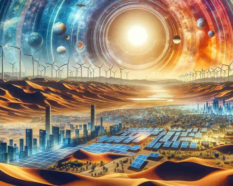 A detailed HD snapshot that showcases Algeria's energy revolution. It rhythmically portrays the varied sustainable technologies at the core of their new energy landscape. Include solar fields glittering under the desert sun, clusters of wind turbines speckled across the expansive landscape echoing harmony with nature, and a glimpse of progressive urban development housing energy-efficient buildings. The backdrop should blend the bold hues of the mesmeric Sahara with the unending clear blue sky. The image should exude optimism, symbolizing hope for a sustainable future.