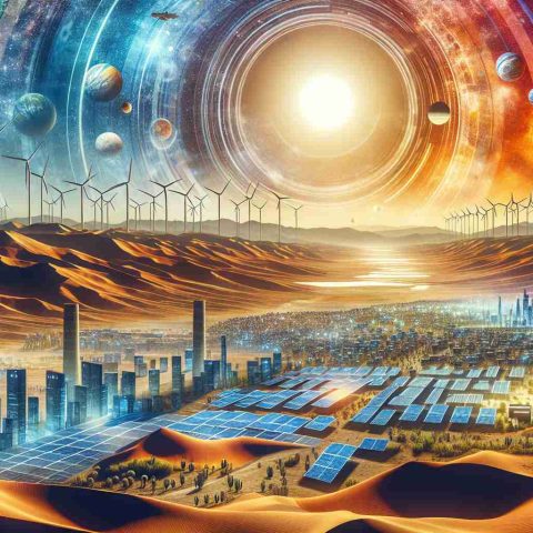 A detailed HD snapshot that showcases Algeria's energy revolution. It rhythmically portrays the varied sustainable technologies at the core of their new energy landscape. Include solar fields glittering under the desert sun, clusters of wind turbines speckled across the expansive landscape echoing harmony with nature, and a glimpse of progressive urban development housing energy-efficient buildings. The backdrop should blend the bold hues of the mesmeric Sahara with the unending clear blue sky. The image should exude optimism, symbolizing hope for a sustainable future.