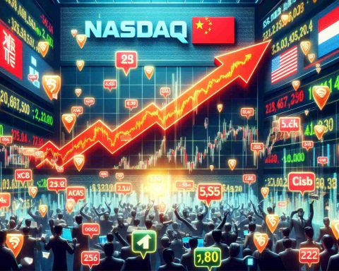 A hyper-realistic illustration in high-definition of NASDAQ's screen covered in logos of Chinese companies depicting a surge in their number, surpassing the previous year's record. Show stock charts indicating sharp upward movements and happy investors reacting positively. Reflect the hustle and bustle of the stock market environment.