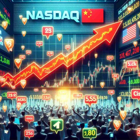 A hyper-realistic illustration in high-definition of NASDAQ's screen covered in logos of Chinese companies depicting a surge in their number, surpassing the previous year's record. Show stock charts indicating sharp upward movements and happy investors reacting positively. Reflect the hustle and bustle of the stock market environment.