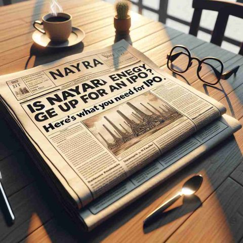 A detailed depiction of a newspaper headline reading 'Is Nayara Energy Gearing Up for an IPO? Here's What You Need to Know'. Give the newspaper a realistic look with high definition. The newspaper should appear well-worn, with a coffee cup on the side, a pair of glasses, and the morning sun casting a warm glow onto the paper. Surroundings like a wooden table and a comfortable chair can also be included to display a morning routine scene of reading a newspaper. Emphasize depth and perspective, but keep the focus on the headline about Nayara Energy's potential IPO.