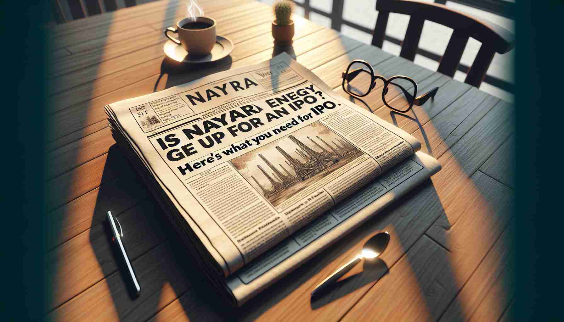 A detailed depiction of a newspaper headline reading 'Is Nayara Energy Gearing Up for an IPO? Here's What You Need to Know'. Give the newspaper a realistic look with high definition. The newspaper should appear well-worn, with a coffee cup on the side, a pair of glasses, and the morning sun casting a warm glow onto the paper. Surroundings like a wooden table and a comfortable chair can also be included to display a morning routine scene of reading a newspaper. Emphasize depth and perspective, but keep the focus on the headline about Nayara Energy's potential IPO.