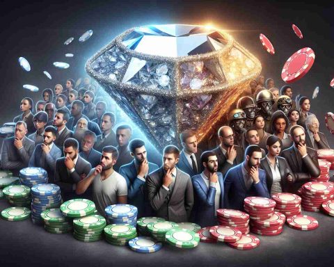 Realistic high-definition image representing the concept of 'Is SNT Energy a Hidden Gem or a Risky Bet?' in a metaphorical way. Picture a bright, shiny gemstone on one side, symbolizing profit and value, and a pile of poker chips on the other side, expressing the aspect of gamble and risk. In the middle, consider depicting a crowd of diverse investors of different genders and descents (e.g., Caucasian, Hispanic, Black, Middle-Eastern, South Asian, White), looking unsure or confused, portraying that they are torn between these two aspects.