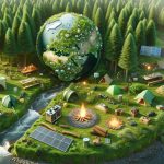 High-resolution, realistic image depicting the global influence of eco-camping. It should feature an array of eco-friendly camping equipment distributed in a lush, green forest setting, perhaps next to a clean, flowing river. Nearby there could be a campfire with sustainable fuel sources, an energy-harvesting solar device capturing the midday sun, and eco-friendly tents. In the background, you can see different types of trees, their leaves rustling in the gentle wind, symbolizing the global reach of the eco-camping revolution. Please ensure an overall feeling of nature preservation, environmental sustainability, and positive changes in camping practices.