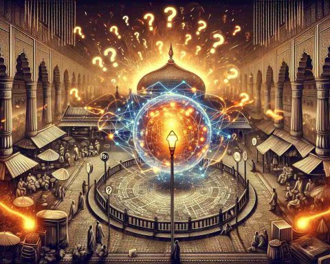 An intricately detailed HD illustration of a concept metaphor, depicting the Indian Stock Market. Picture this: a glowing orb representing the stocks in the center surrounded by sparks symbolizing market volatility. Hovering over the scene are question marks, significant of the uncertainty of how long this glowing moment will last. The setting is a traditional Indian marketplace bustling with activity, a nod towards the metaphorical shakeup.