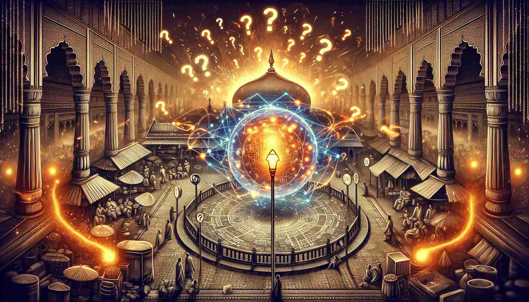 An intricately detailed HD illustration of a concept metaphor, depicting the Indian Stock Market. Picture this: a glowing orb representing the stocks in the center surrounded by sparks symbolizing market volatility. Hovering over the scene are question marks, significant of the uncertainty of how long this glowing moment will last. The setting is a traditional Indian marketplace bustling with activity, a nod towards the metaphorical shakeup.