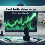 High-definition realistic image of a newspaper splash with the headline: 'Coal India Shares Surge. What's Behind the Spike?' Alongside the headline, there is depiction of a chart showing the sudden surge in share prices. The chart is predominantly green, indicating the uptick in prices. There are also silhouettes of people in the background, engrossed in analyzing this sudden spike.