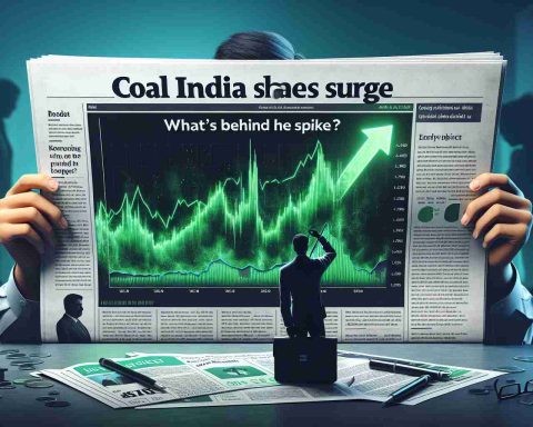 High-definition realistic image of a newspaper splash with the headline: 'Coal India Shares Surge. What's Behind the Spike?' Alongside the headline, there is depiction of a chart showing the sudden surge in share prices. The chart is predominantly green, indicating the uptick in prices. There are also silhouettes of people in the background, engrossed in analyzing this sudden spike.