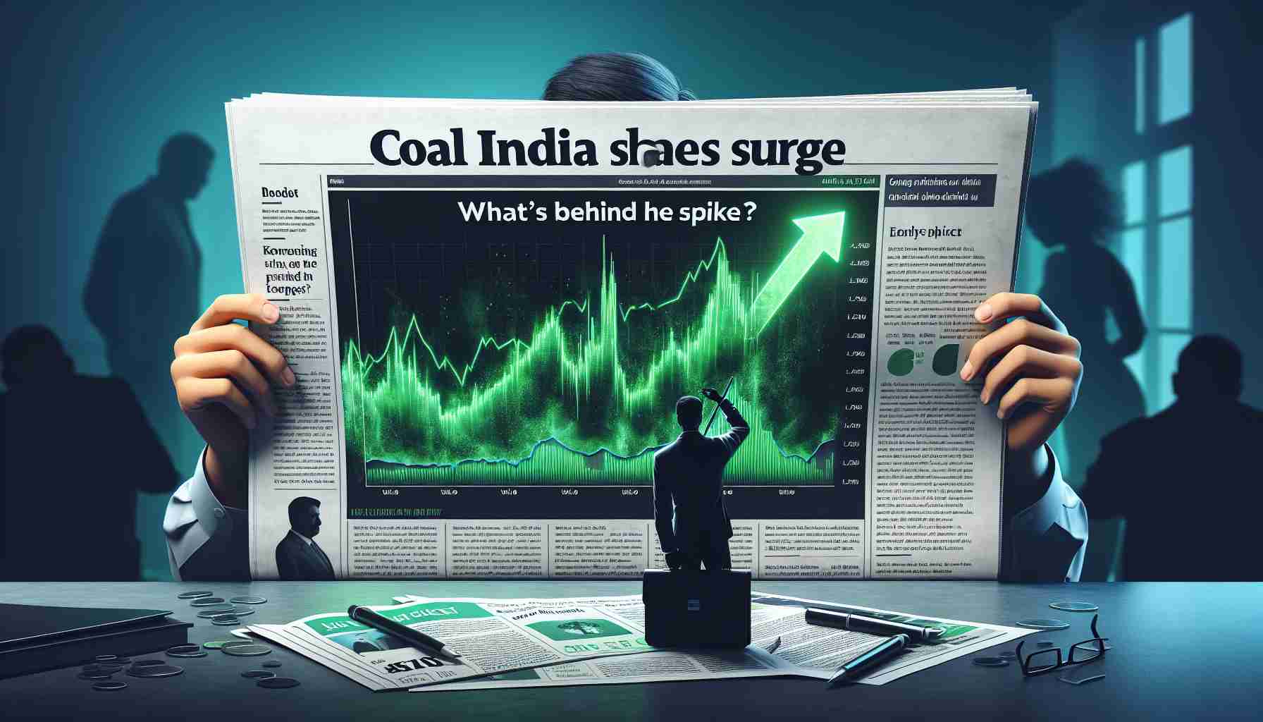 High-definition realistic image of a newspaper splash with the headline: 'Coal India Shares Surge. What's Behind the Spike?' Alongside the headline, there is depiction of a chart showing the sudden surge in share prices. The chart is predominantly green, indicating the uptick in prices. There are also silhouettes of people in the background, engrossed in analyzing this sudden spike.