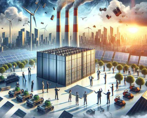 A HD depiction of an innovative company from the energy sector, let's say 'NextGen Energy', sparking a heated discussion by making a courageous move into the field of energy storage. Showcase this shift in policy by showing an eco-friendly power plant, with solar panels and wind turbines, incorporating large-scale batteries or energy storage systems. Add some people in the background representing different perspectives, having a passionate debate.