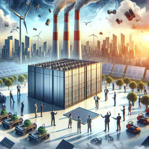 A HD depiction of an innovative company from the energy sector, let's say 'NextGen Energy', sparking a heated discussion by making a courageous move into the field of energy storage. Showcase this shift in policy by showing an eco-friendly power plant, with solar panels and wind turbines, incorporating large-scale batteries or energy storage systems. Add some people in the background representing different perspectives, having a passionate debate.