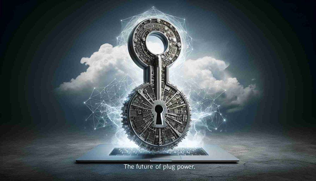 Create a realistic, high-definition image representing the concept of 'Unlocking Power.' Picture a metaphorical giant key turning in a colossal, intricately designed lock, indicating the unlocking of previously untapped energy potential. Add the text 'The Future of Plug Power' below the image.