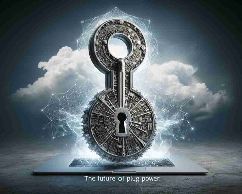 Create a realistic, high-definition image representing the concept of 'Unlocking Power.' Picture a metaphorical giant key turning in a colossal, intricately designed lock, indicating the unlocking of previously untapped energy potential. Add the text 'The Future of Plug Power' below the image.