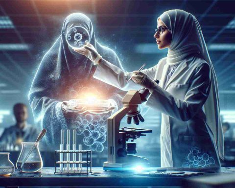 Realistic high-definition image of a moment of incredible discovery. This could be portrayed as a scene where a scientist in a lab, of Middle Eastern descent and female, is holding up a petri dish, revealing a breakthrough under the microscope. The scene is filled with a sense of awe and revelation. To add to the exclusivity, incorporate a glow around the laboratory equipment and a dramatic light source highlighting the scientist's discovery.