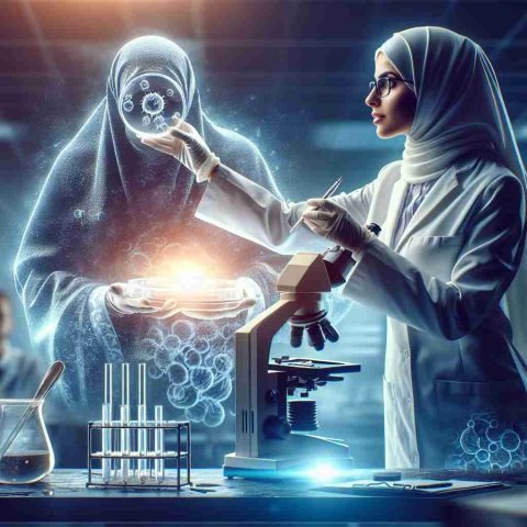 Realistic high-definition image of a moment of incredible discovery. This could be portrayed as a scene where a scientist in a lab, of Middle Eastern descent and female, is holding up a petri dish, revealing a breakthrough under the microscope. The scene is filled with a sense of awe and revelation. To add to the exclusivity, incorporate a glow around the laboratory equipment and a dramatic light source highlighting the scientist's discovery.