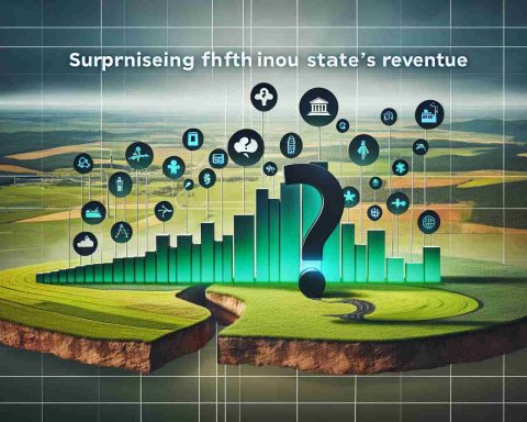 An image showcasing the surprising shift in a state's revenue with a generic financial graph. The graph displays a steep rise indicating significant augmentation in revenue. The state can be any nondescript region, with green countryside vistas perhaps signifying agricultural wealth. Also, there is a large question mark hovering over a varied range of government sectors, each represented by unique icons, such as a school, hospital, or infrastructure projects. This question mark signifies the uncertainty regarding where the additional funds will be directed.