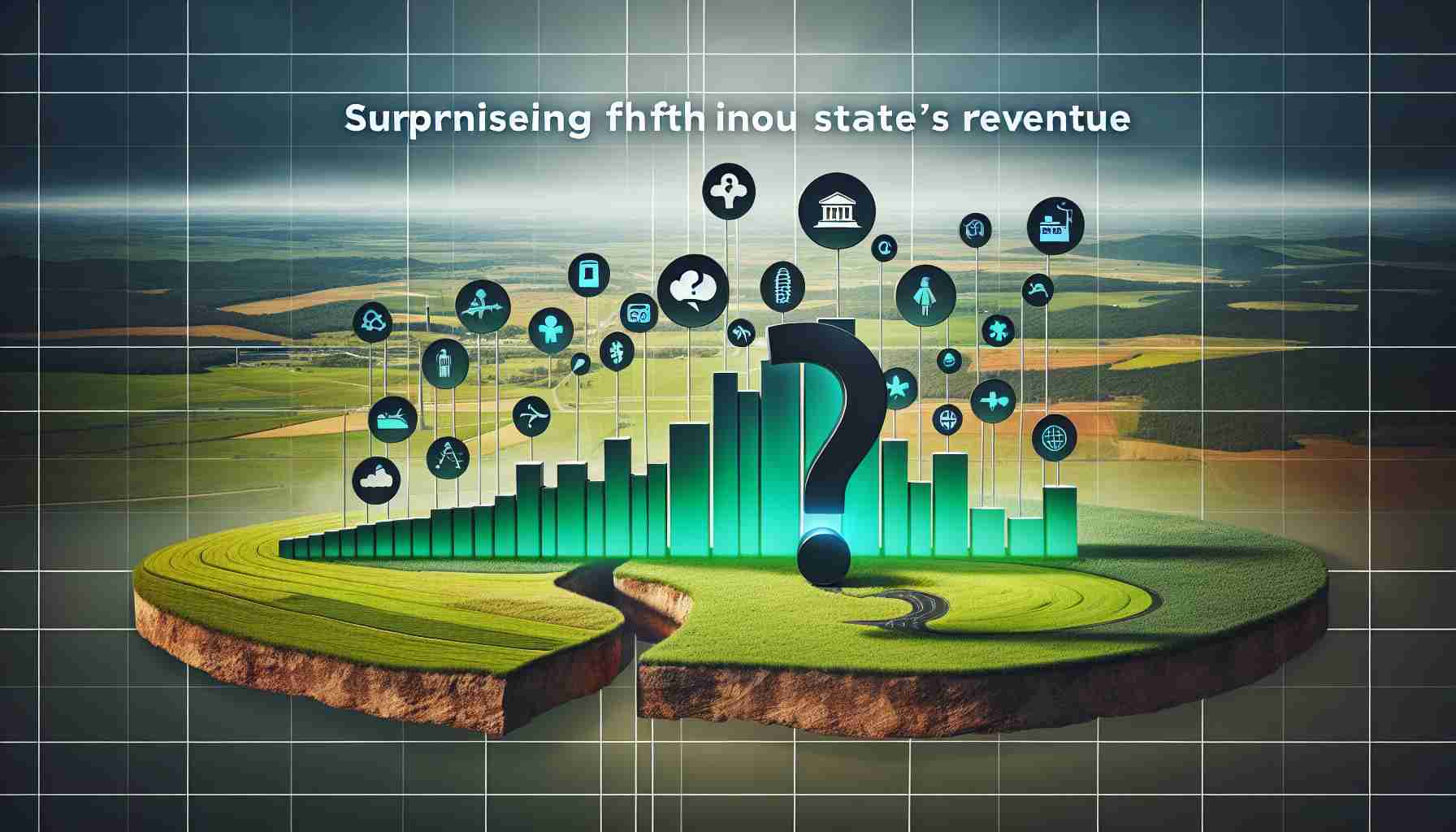 An image showcasing the surprising shift in a state's revenue with a generic financial graph. The graph displays a steep rise indicating significant augmentation in revenue. The state can be any nondescript region, with green countryside vistas perhaps signifying agricultural wealth. Also, there is a large question mark hovering over a varied range of government sectors, each represented by unique icons, such as a school, hospital, or infrastructure projects. This question mark signifies the uncertainty regarding where the additional funds will be directed.