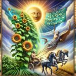 A realistic HD image of an intriguing metaphor. We see a lush, green plant with robust sunflowers bursting to life, symbolizing strong growth. This is set against a dynamic backdrop of an Apollo-ish ancient figure - bearded, robed, in a chariot drawn by spirited horses, referring to the sun god's secret. A banner unfolds in the sky, bearing the message in bold engravings: 'The Secret to Soaring Profits Revealed'. Above all, a golden sun shines brightly, casting a resplendent glow over the scene, illuminating every detail and hinting at prosperous fortunes.