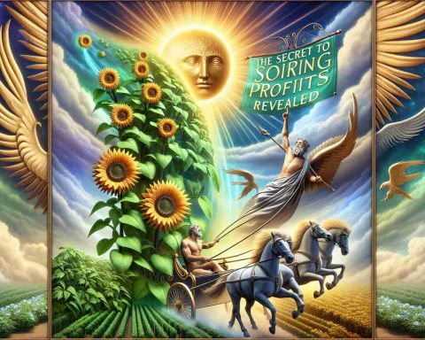 A realistic HD image of an intriguing metaphor. We see a lush, green plant with robust sunflowers bursting to life, symbolizing strong growth. This is set against a dynamic backdrop of an Apollo-ish ancient figure - bearded, robed, in a chariot drawn by spirited horses, referring to the sun god's secret. A banner unfolds in the sky, bearing the message in bold engravings: 'The Secret to Soaring Profits Revealed'. Above all, a golden sun shines brightly, casting a resplendent glow over the scene, illuminating every detail and hinting at prosperous fortunes.