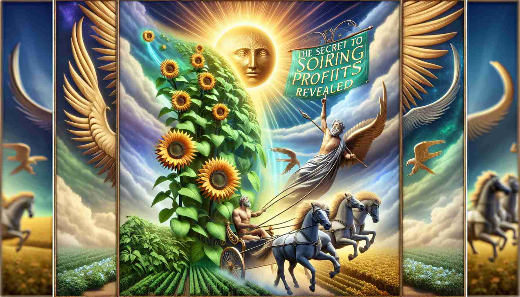 A realistic HD image of an intriguing metaphor. We see a lush, green plant with robust sunflowers bursting to life, symbolizing strong growth. This is set against a dynamic backdrop of an Apollo-ish ancient figure - bearded, robed, in a chariot drawn by spirited horses, referring to the sun god's secret. A banner unfolds in the sky, bearing the message in bold engravings: 'The Secret to Soaring Profits Revealed'. Above all, a golden sun shines brightly, casting a resplendent glow over the scene, illuminating every detail and hinting at prosperous fortunes.