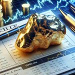 Realistic high-definition image showing the concept of striking gold, represented by a shiny gold nugget. There's a metaphorical process of checking IPO shares allotment in the background, which could be depicted by analyzing a detailed stock market graph or a paper document with shares distribution.