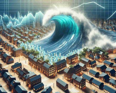 An image visualizing a major shift or disruption in a market scenario. Picture a large, dynamic wave, symbolizing an impactful move by an unexpected contender, dominating the scene. This could be represented as a powerful wave washing over a traditionally designed market scene, altering everything in its path.