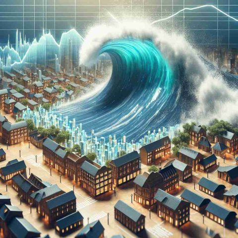 An image visualizing a major shift or disruption in a market scenario. Picture a large, dynamic wave, symbolizing an impactful move by an unexpected contender, dominating the scene. This could be represented as a powerful wave washing over a traditionally designed market scene, altering everything in its path.