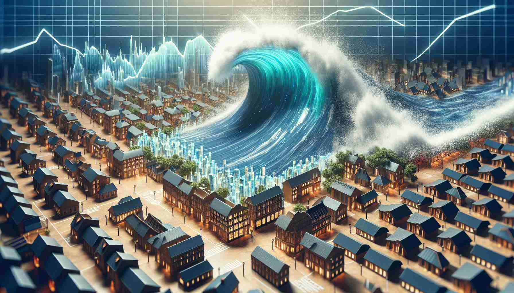 An image visualizing a major shift or disruption in a market scenario. Picture a large, dynamic wave, symbolizing an impactful move by an unexpected contender, dominating the scene. This could be represented as a powerful wave washing over a traditionally designed market scene, altering everything in its path.