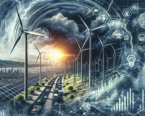 Generate a realistic high-definition image that represents the concept of renewable energy encountering a new challenge. In the scene, depict symbolic elements such as wind turbines and solar panels against a backdrop of a metaphorical storm, embodying this challenge. Also include icons or chart imagery in the picture that might represent the aspect of investor perceptions or financial implications in relation to this predicament.