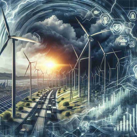 Generate a realistic high-definition image that represents the concept of renewable energy encountering a new challenge. In the scene, depict symbolic elements such as wind turbines and solar panels against a backdrop of a metaphorical storm, embodying this challenge. Also include icons or chart imagery in the picture that might represent the aspect of investor perceptions or financial implications in relation to this predicament.