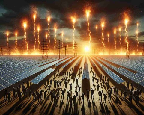 High-definition realistic image of sparks flying over a vast solar farm, symbolizing a conflict. The scene takes place at dusk with the setting sun casting a warm/dramatic hues across the expansive field of solar panels. There are silhouettes of a crowd of local residents who are expressing their contention with representative figures from big energy corporations, denoted as men and women in business suits carrying briefcases. Ideally, the sparks manifest as a visible electric discharge in the sky imitating an intense atmosphere.