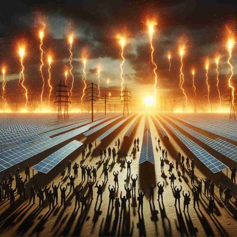 High-definition realistic image of sparks flying over a vast solar farm, symbolizing a conflict. The scene takes place at dusk with the setting sun casting a warm/dramatic hues across the expansive field of solar panels. There are silhouettes of a crowd of local residents who are expressing their contention with representative figures from big energy corporations, denoted as men and women in business suits carrying briefcases. Ideally, the sparks manifest as a visible electric discharge in the sky imitating an intense atmosphere.