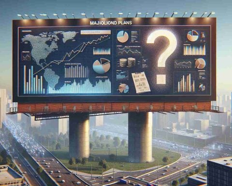 A high-definition realistic image depicting a scene of major plans being unveiled. Imagine a humongous billboard filled with graphs and statistics hinting at a multibillion-dollar investment. However, a surprising twist is subtly incorporated into the design of the billboard. Perhaps one of the graphs is surprisingly in the shape of a question mark, indicating unexpected outcomes or uncertainties.