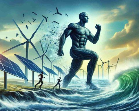 Create a realistic high-definition image depicting the metaphorical concept of 'The Energy Shift: A Silent Transformation'. Place a prominent focus on a giant figure striding forward, symbolizing the entity leading the change in the energy sector. The giant should look determined and forward-thinking, surrounded by all the signs of the transformation such as renewable energy sources like solar panels, wind turbines, and waves. Please avoid any logos or specific company references.