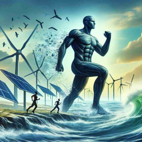 Create a realistic high-definition image depicting the metaphorical concept of 'The Energy Shift: A Silent Transformation'. Place a prominent focus on a giant figure striding forward, symbolizing the entity leading the change in the energy sector. The giant should look determined and forward-thinking, surrounded by all the signs of the transformation such as renewable energy sources like solar panels, wind turbines, and waves. Please avoid any logos or specific company references.