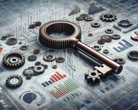 A high-definition, realistic image depicting the concept of unlocking hidden data secrets. The image should include visual elements like a large traditional analog key insinuating unlocking insights, gears functioning in the background supporting the concept of a running machine, and various infographics representing market data. Also, include representations of diverse analytics tools like bar graphs, pie charts, and line graphs indicating market trends and predictions.