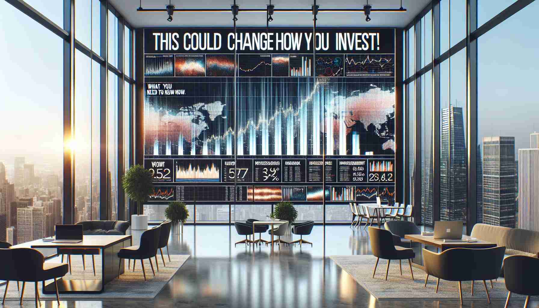 Design a realistic high-definition image with a financial theme. The central focus should be a dense, comprehensive chart plotting future investment trends, with a bold headline above it saying 'This Could Change How You Invest! What You Need to Know Now.' Make the setting a modern office with grand windows overlooking a busy city skyline. The image should hint at a profound revelation about the strategies of investing.