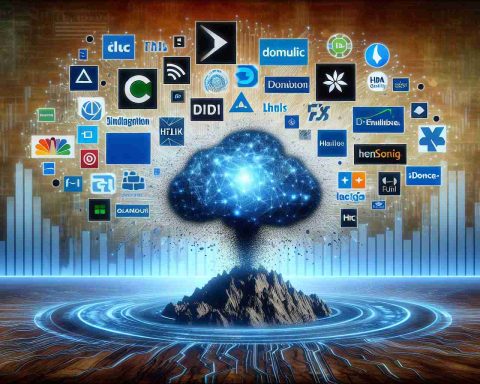 An image representation of major technology companies collaborating, symbolized by a series of HD quality corporate logos coming together over a background that represents the artificial intelligence market. This act is represented as a powerful tremor disturbing the typical market structure beneath them.