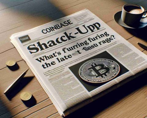 Create a detailed, realistic, high-definition image of a newspaper highlighting the concept 'Coinbase Stock Shake-Up! What's Fueling the Latest Surge?'. Show the newspaper laid out on a wooden table with a cup of coffee next to it, in a morning setting with sunlight filtering through a nearby window, casting a soft glow on the table. The newspaper's headlines should prominently feature the text 'Coinbase Stock Shake-Up' and 'What's Fueling the Latest Surge?'.