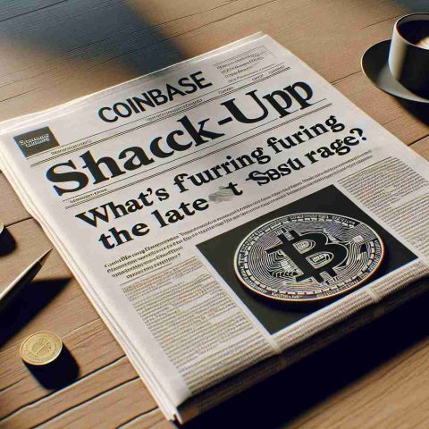 Create a detailed, realistic, high-definition image of a newspaper highlighting the concept 'Coinbase Stock Shake-Up! What's Fueling the Latest Surge?'. Show the newspaper laid out on a wooden table with a cup of coffee next to it, in a morning setting with sunlight filtering through a nearby window, casting a soft glow on the table. The newspaper's headlines should prominently feature the text 'Coinbase Stock Shake-Up' and 'What's Fueling the Latest Surge?'.