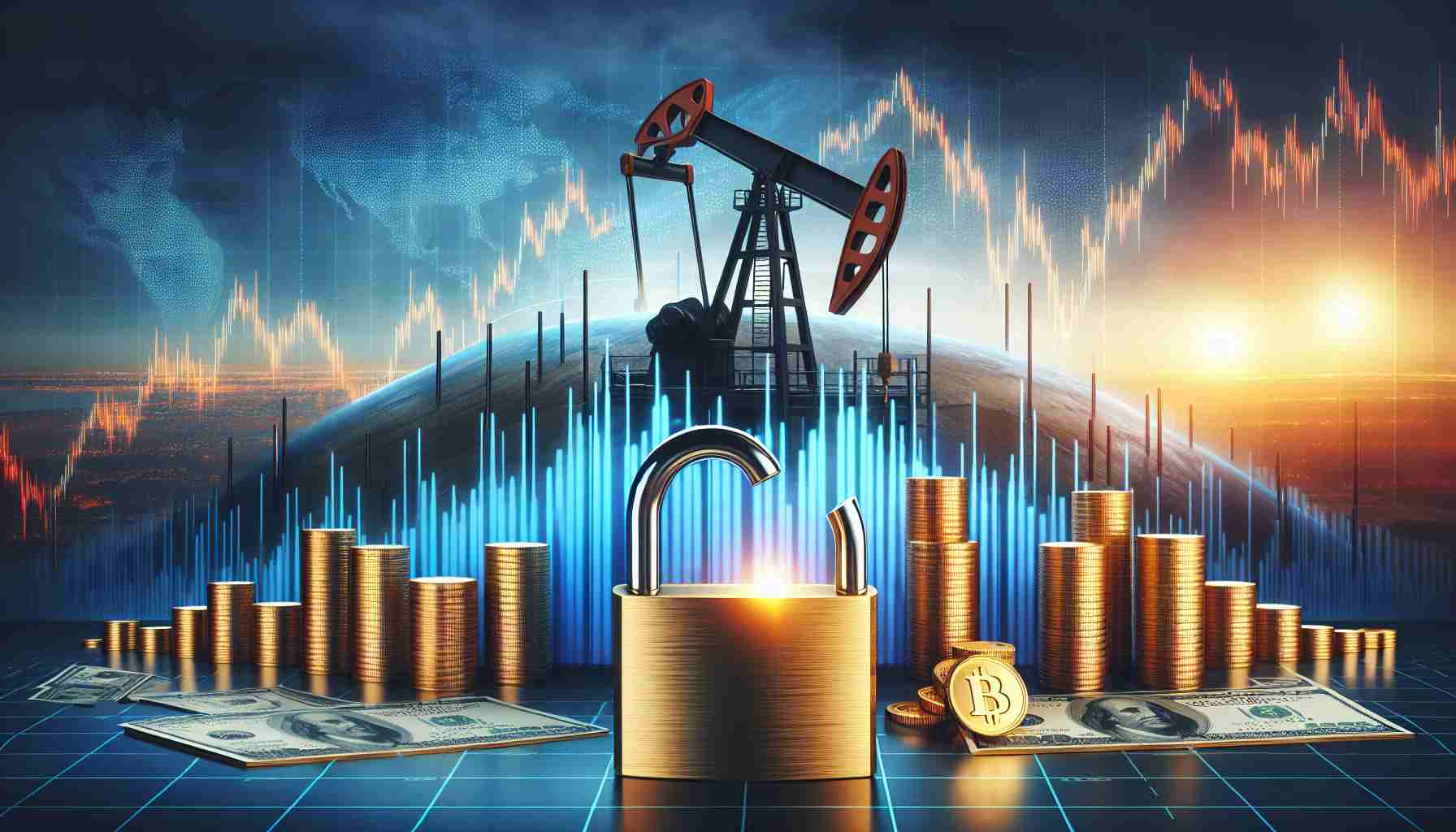 A high-definition image representing the concept of investing in crude oil as a potential source of high returns. The image includes a realistically depicted oil derrick with the backdrop of a stock market chart showing a sharp uptick. There's an open gold lock at the bottom of the image symbolizing the 'unlocking' of massive returns.