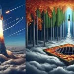 A High Definition, realistic image depicting two contrasting scenarios. The first scenario depicts a soaring rocket symbolizing a flourishing stock, against a backdrop of a vibrant blue sky with subtle, cirrus clouds. The second scenario presents a hidden trap, perhaps represented as a tetragonally shaped pit camouflaged under a forest of autumn leaves, symbolizing potential peril in stock investment. Try to convey the message 'What's Behind the Surge?' through these two contrasting visuals.