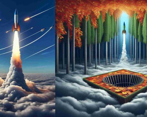 A High Definition, realistic image depicting two contrasting scenarios. The first scenario depicts a soaring rocket symbolizing a flourishing stock, against a backdrop of a vibrant blue sky with subtle, cirrus clouds. The second scenario presents a hidden trap, perhaps represented as a tetragonally shaped pit camouflaged under a forest of autumn leaves, symbolizing potential peril in stock investment. Try to convey the message 'What's Behind the Surge?' through these two contrasting visuals.