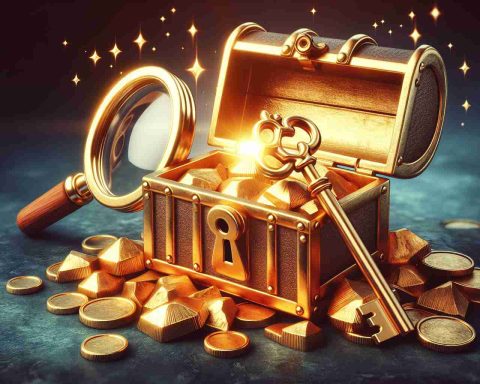 Generate a realistic, high-definition image that metaphorically represents the concept of discovering the secret to unlocking early-stage investment gold mines. Picture a old-fashioned key, gleaming gold, inserted into a lock that is symbolic of a treasure chest. The treasure chest is representative of the potential value of early-stage investments. Around it are pieces of gold to symbolize the 'gold mine'. Perhaps include a magnifying glass near the key, as a metaphor for exploration and discovery.