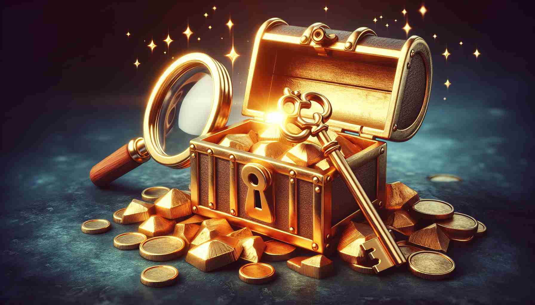 Generate a realistic, high-definition image that metaphorically represents the concept of discovering the secret to unlocking early-stage investment gold mines. Picture a old-fashioned key, gleaming gold, inserted into a lock that is symbolic of a treasure chest. The treasure chest is representative of the potential value of early-stage investments. Around it are pieces of gold to symbolize the 'gold mine'. Perhaps include a magnifying glass near the key, as a metaphor for exploration and discovery.