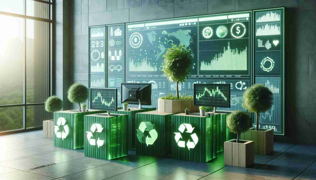 A high-definition and realistic illustration of a green-themed trading environment. The focus is on sustainable practices, as symbolized by eco-friendly icons and recycled materials being used in the scene. An advanced computer setup showcases real-time stock market data. There are screens displaying green stock tickers, charts, and graphs that emphasize earth-friendly companies. Beside the screens are potted plants giving a positive ambiance, shedding light on the company's commitment to sustainability.