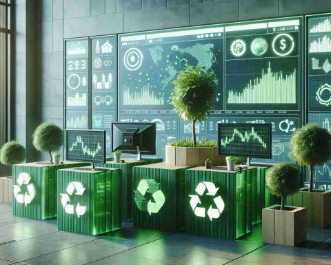 A high-definition and realistic illustration of a green-themed trading environment. The focus is on sustainable practices, as symbolized by eco-friendly icons and recycled materials being used in the scene. An advanced computer setup showcases real-time stock market data. There are screens displaying green stock tickers, charts, and graphs that emphasize earth-friendly companies. Beside the screens are potted plants giving a positive ambiance, shedding light on the company's commitment to sustainability.