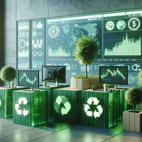 A high-definition and realistic illustration of a green-themed trading environment. The focus is on sustainable practices, as symbolized by eco-friendly icons and recycled materials being used in the scene. An advanced computer setup showcases real-time stock market data. There are screens displaying green stock tickers, charts, and graphs that emphasize earth-friendly companies. Beside the screens are potted plants giving a positive ambiance, shedding light on the company's commitment to sustainability.