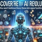 A high-definition, realistic image representing the concept of discovering the AI revolution. It shows a futuristic technological environment with various elements of Artificial Intelligence, such as robots, computers, and data charts. The visual scene will be filled with symbols of stock trading opportunities, including stock market charts rising, coins raining from the sky, and icons of wealth. The text 'Discover the AI Revolution! You Won’t Believe These Stock Opportunities' is prominently displayed in creative typography.